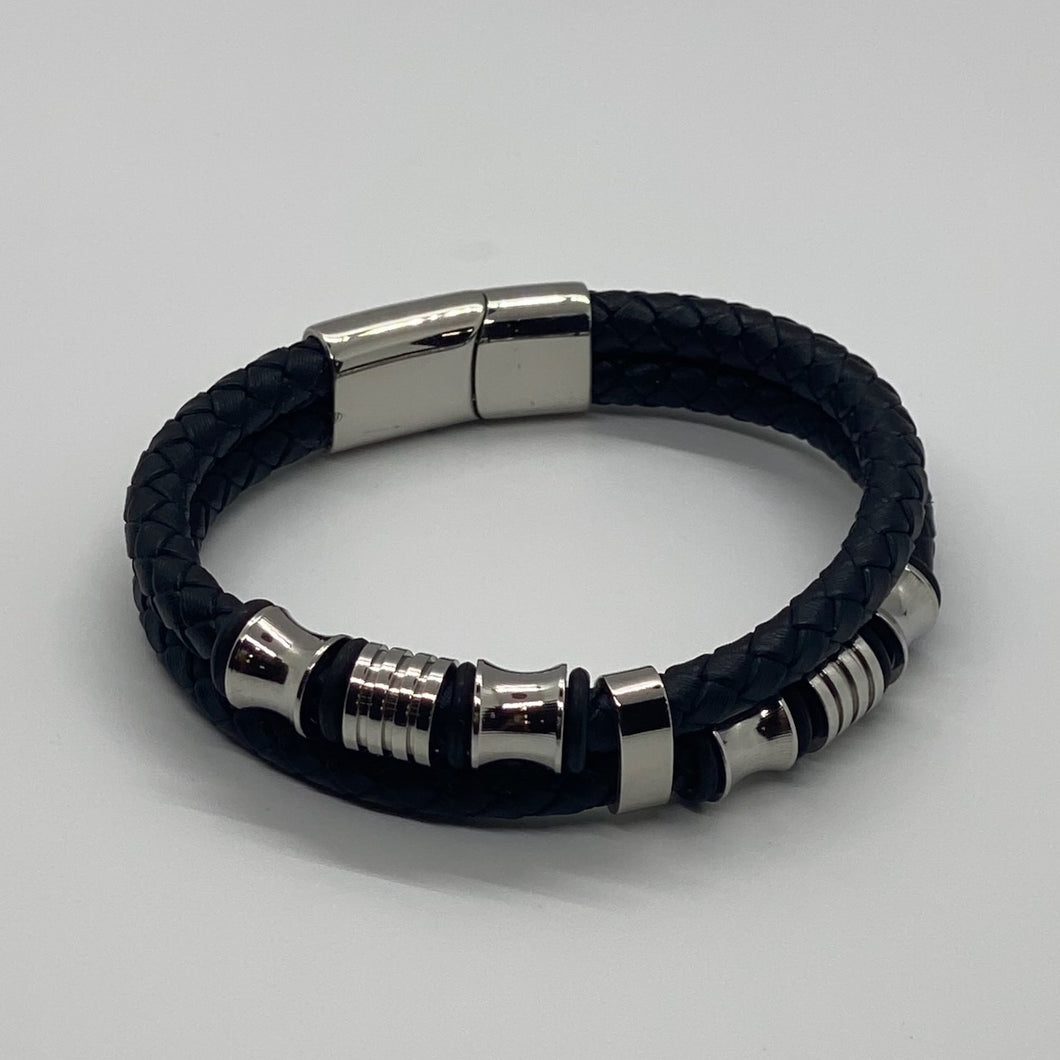 Double Braided Black Band with Silver Beads Bracelet